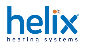 Logo für Helix Hearing Systems. Das Wort „Helix“ ist in kleinen blauen Buchstaben mit einem orangefarbenen Punkt über dem Buchstaben „i“ und davon ausgehenden Schallwellen. Darunter steht das Wort „Hörsysteme“ in kleinerer blauer Schrift.