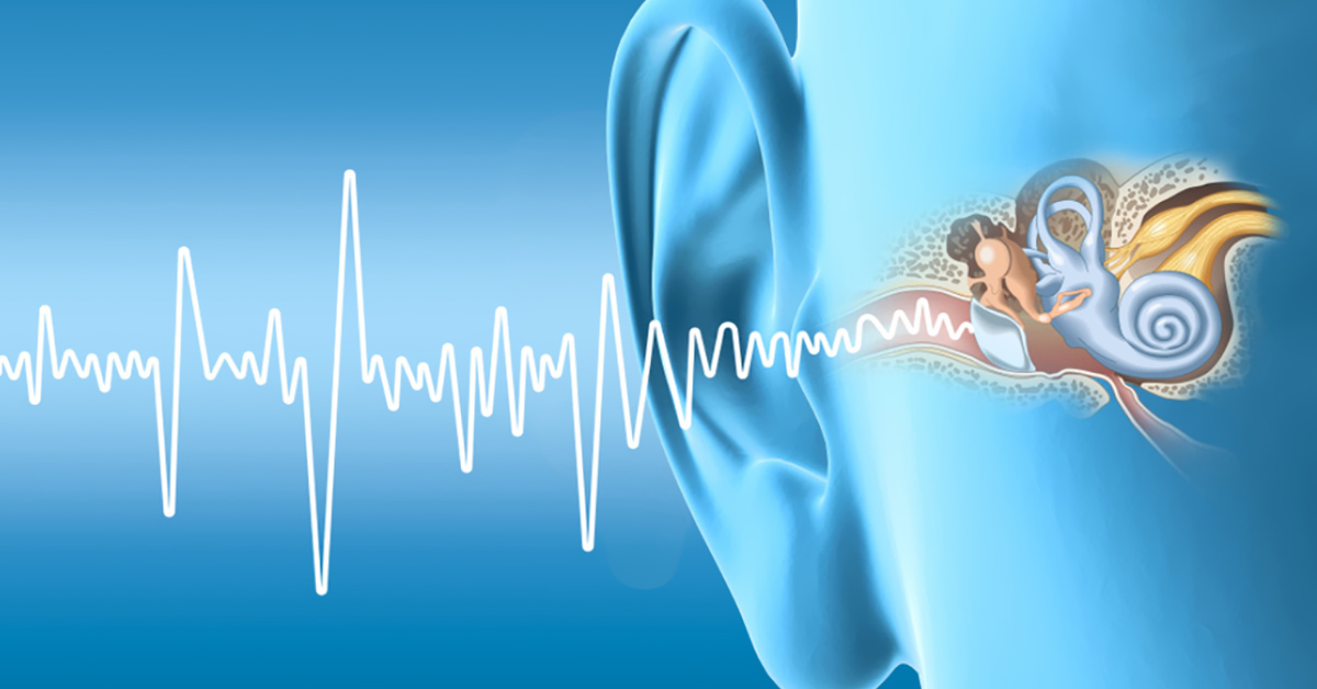 Ear and sound waves illustrating hearing aid sound processing